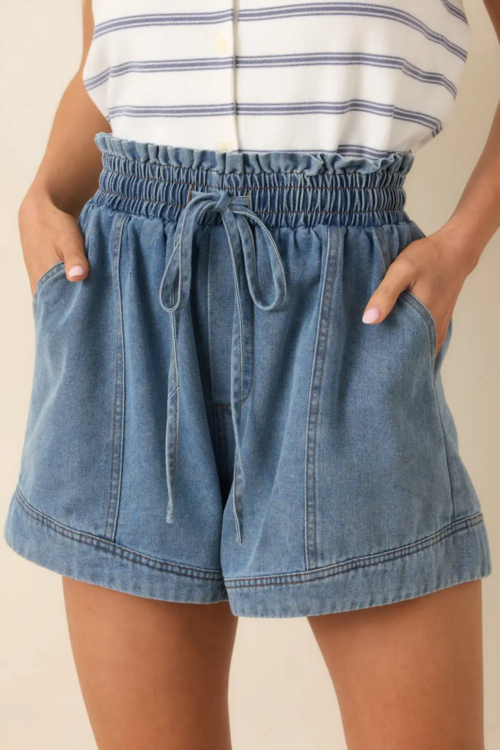 Medium Wash Cotton Drawstring Denim Shorts