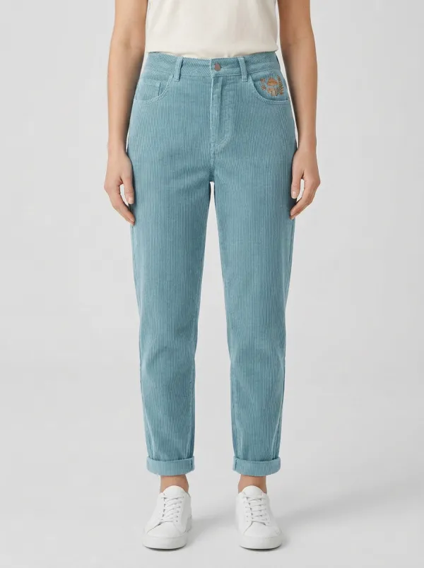 Women's Mushroom Embroidered Cuffed Straight-Leg Corduroy Pants