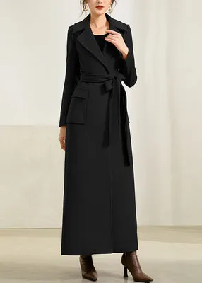 Wool Blend Fit and Flare Belted Lapel Collar Pocketed Long Coat