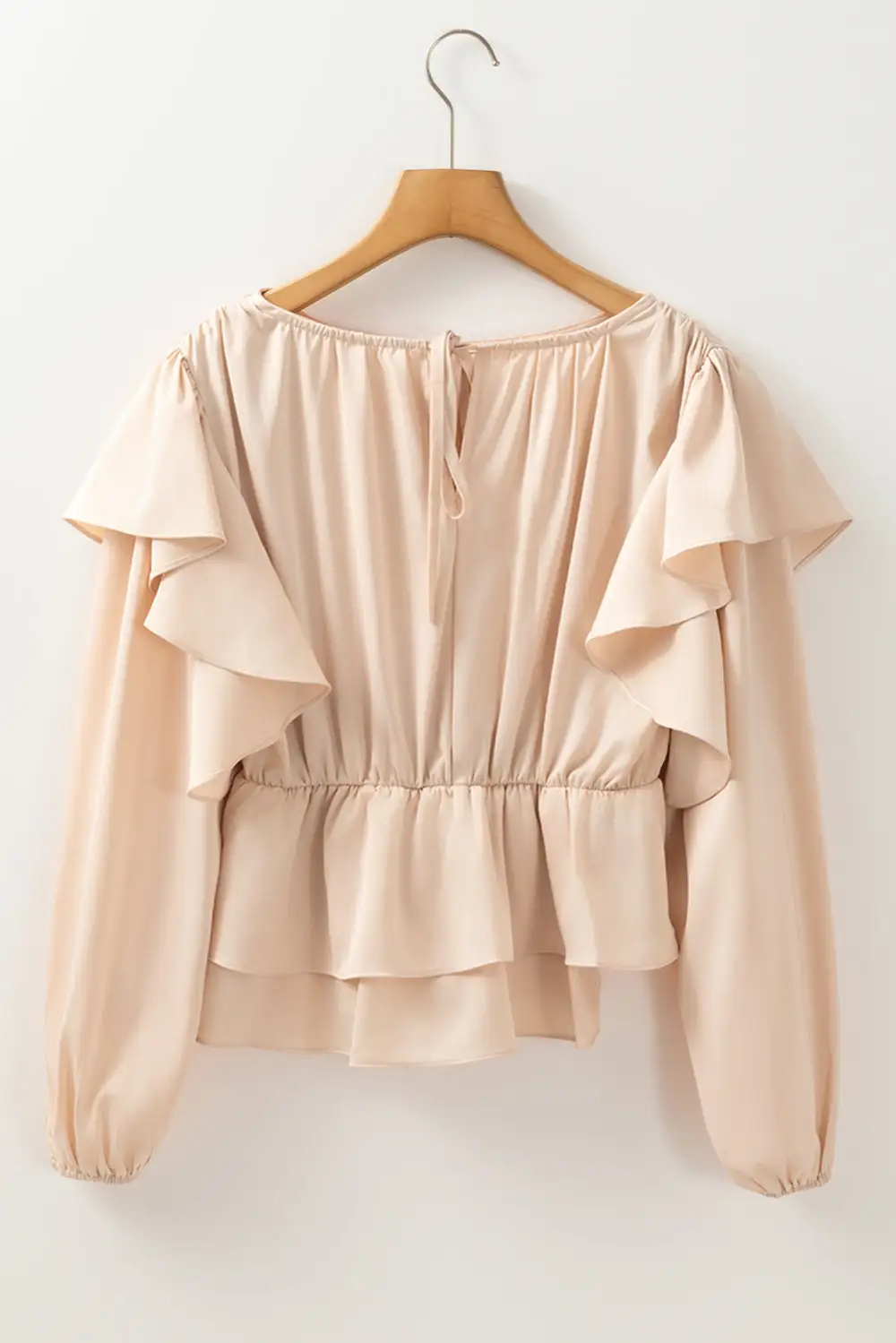 Oatmeal Lace-Up Keyhole Back Ruffled Peplum Blouse