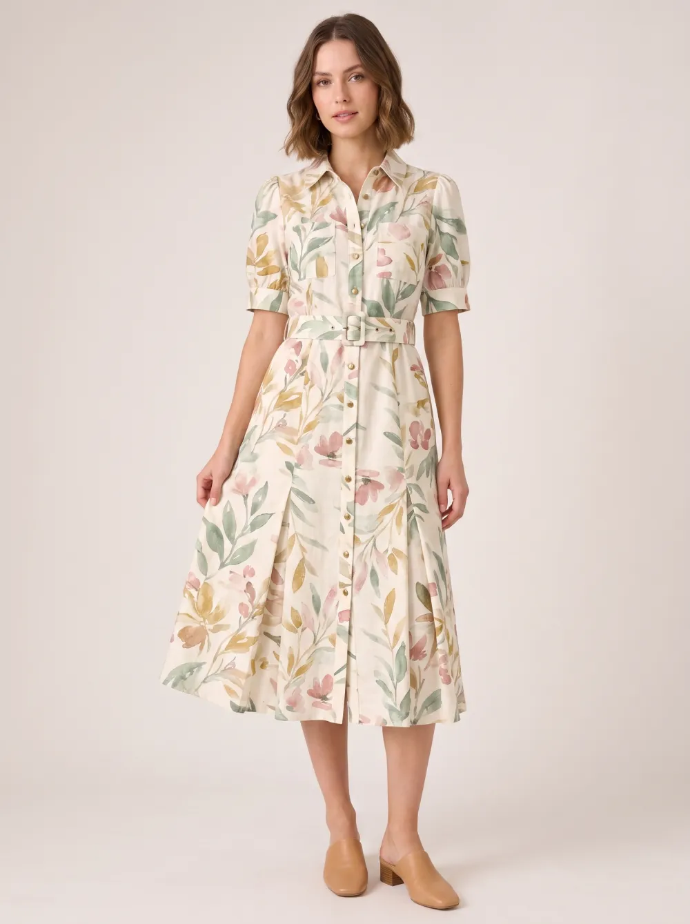 Women's Botanical Floral Watercolor Printed Shirt Dress