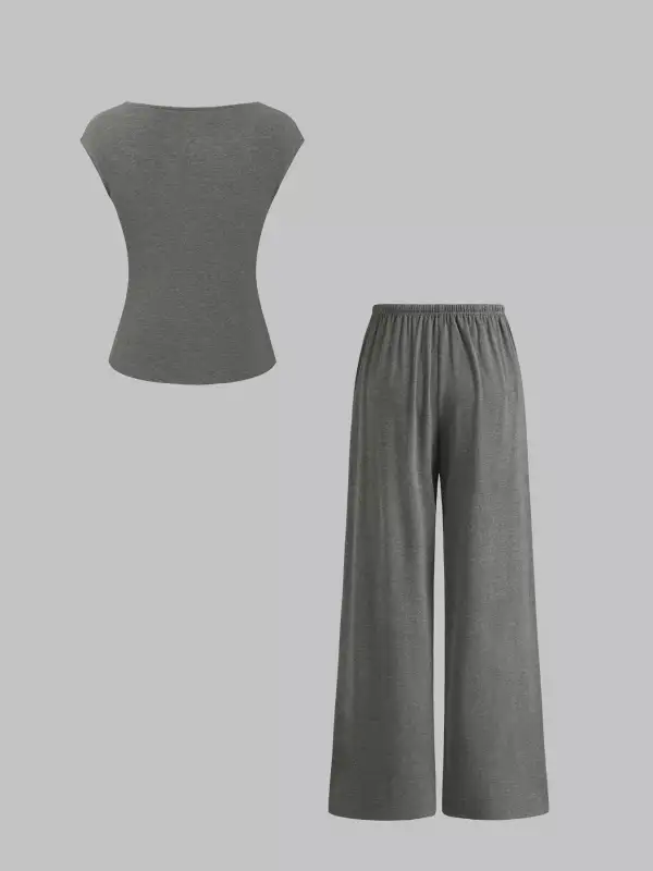Casual Solid Color Top and Wide Leg Pants Set