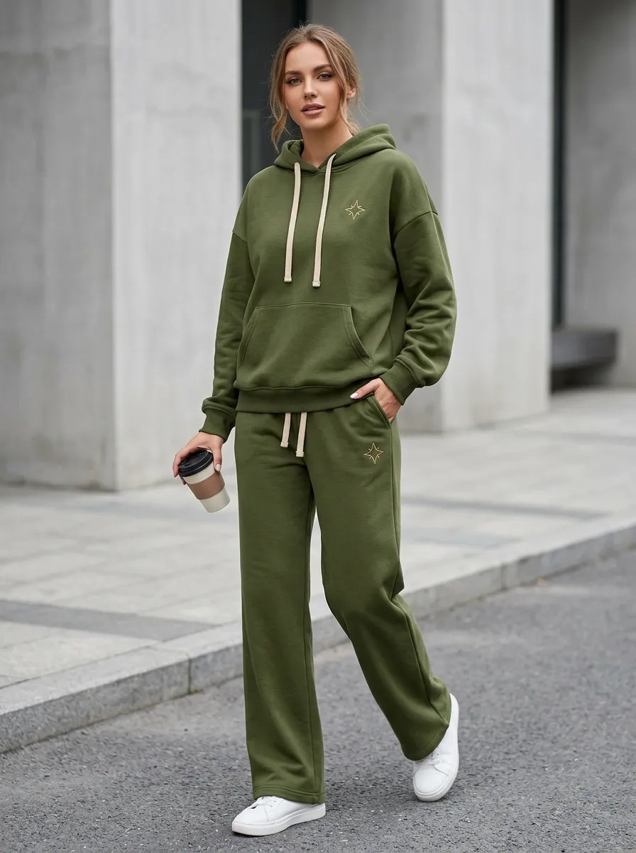 Women's Olive Green Star Embroidered Printed Hoodie Sweatpants Set