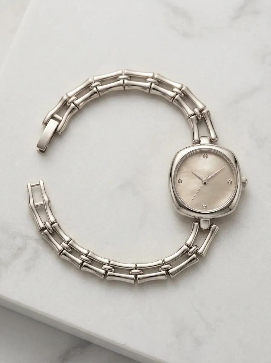 Women's Minimalist Gold Bamboo Link Mother of Pearl Watch