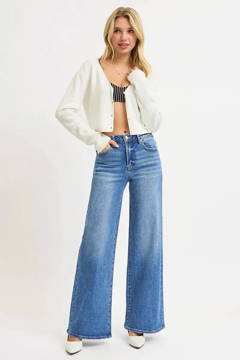 Textured Denim High Rise Wide Leg Pocketed Jeans