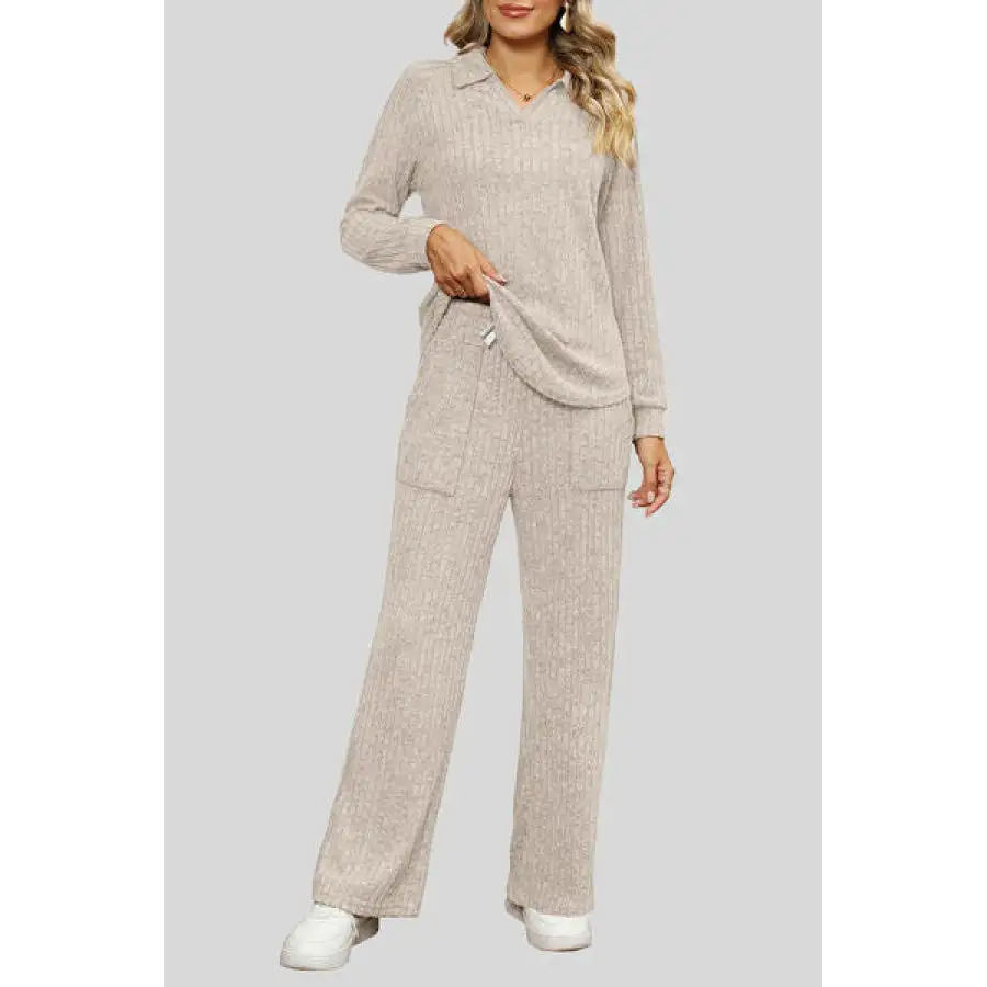 Ribbed Long Sleeve Top and Pocketed Pants Set