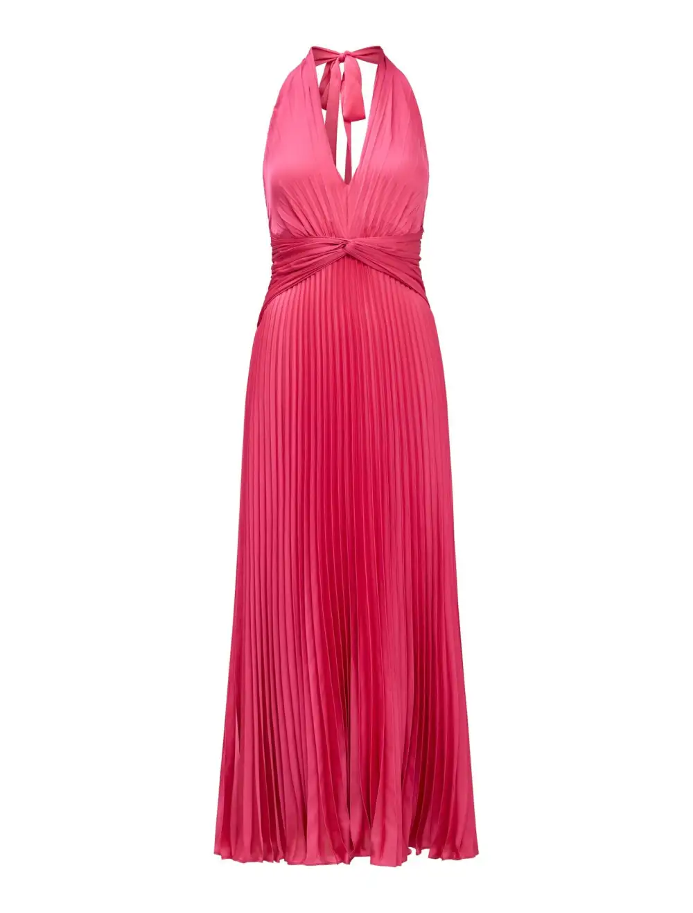 Bright Pink Pleated Halter Neck Satin Maxi Dress
