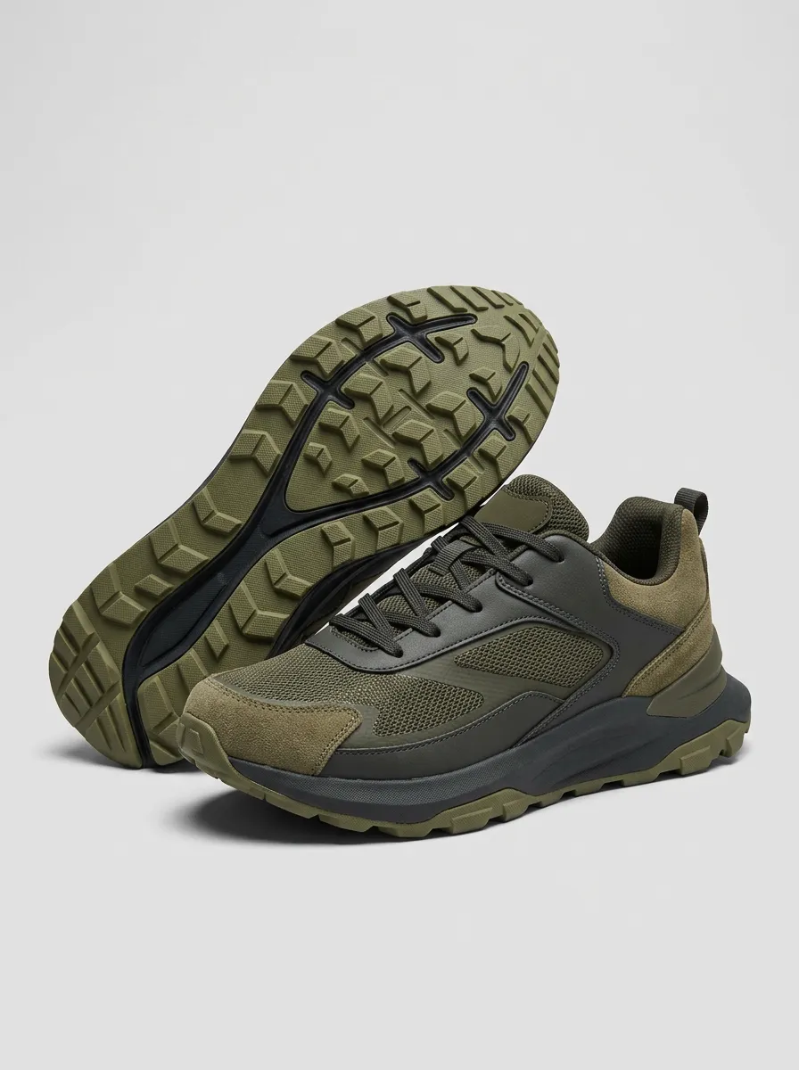 Mixed-Material Hiking-Inspired Suede-Panel Mesh-Panel Casual Sneakers