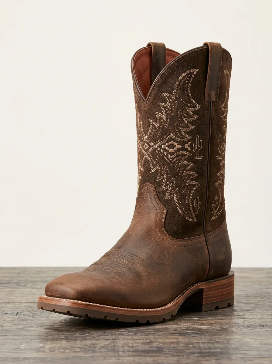 Men's Western Cowboy Cactus Embroidered Suede Leather Boots