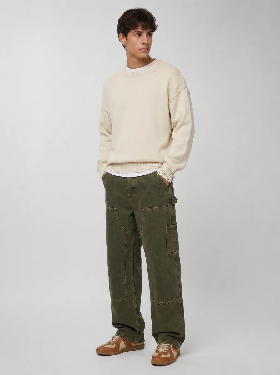 Men's Casual Olive Green Utility Cargo Denim Jeans