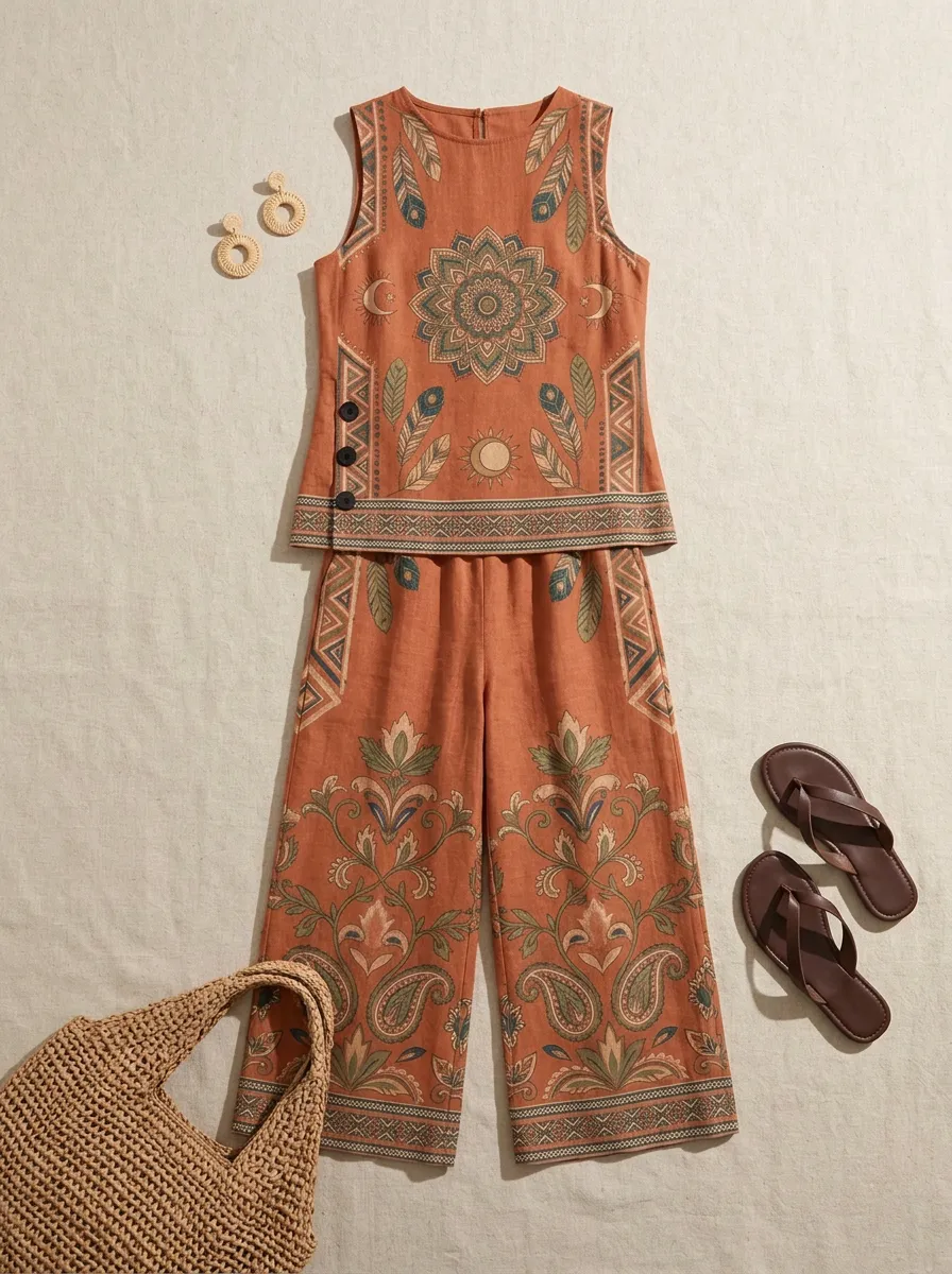 Women's Boho Mandala Feather Printed Sleeveless Set