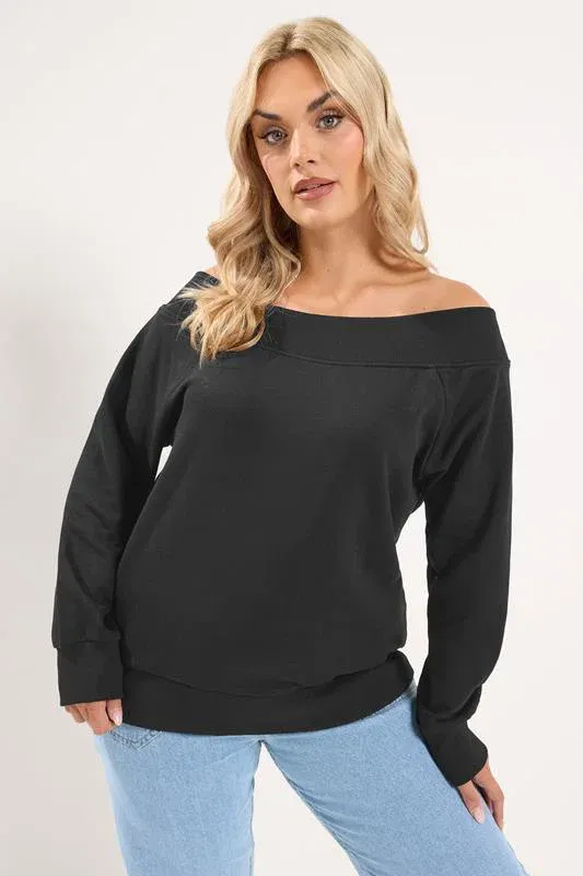 Black Ribbed Off Shoulder Sweatshirt