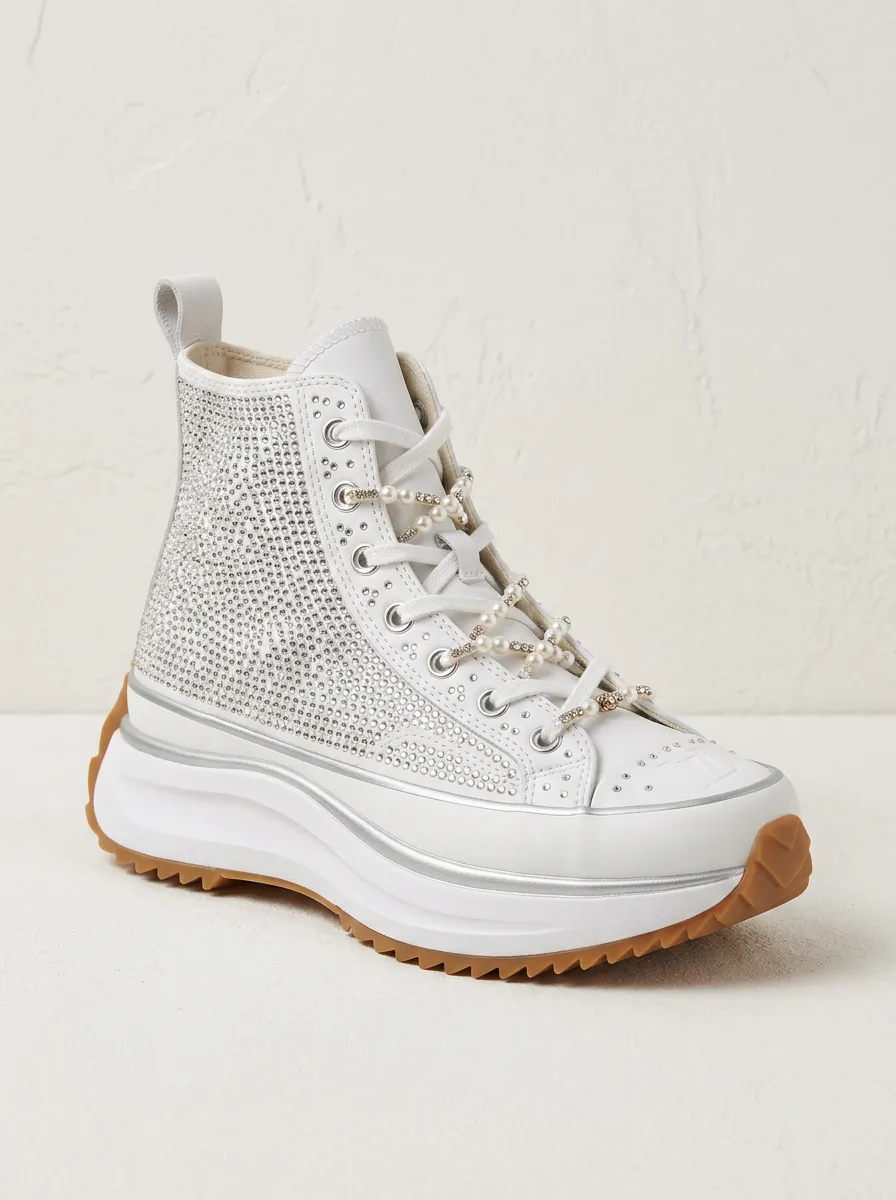Pearl Lace-Detail Lace-Up Women's Rhinestone Platform Shoes