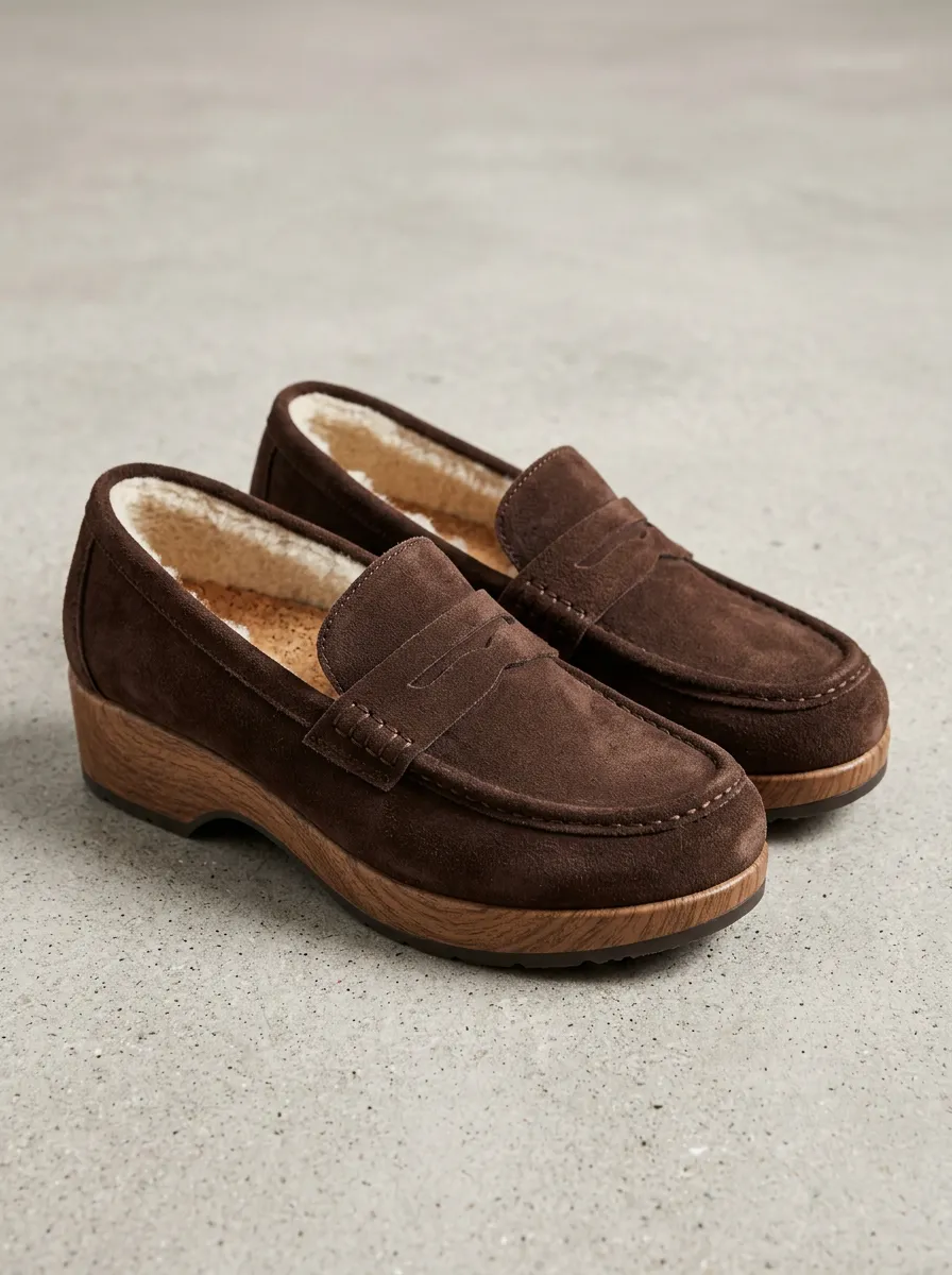 Women's Urban Faux Fur Lined Platform Suede Wood Sole Loafers
