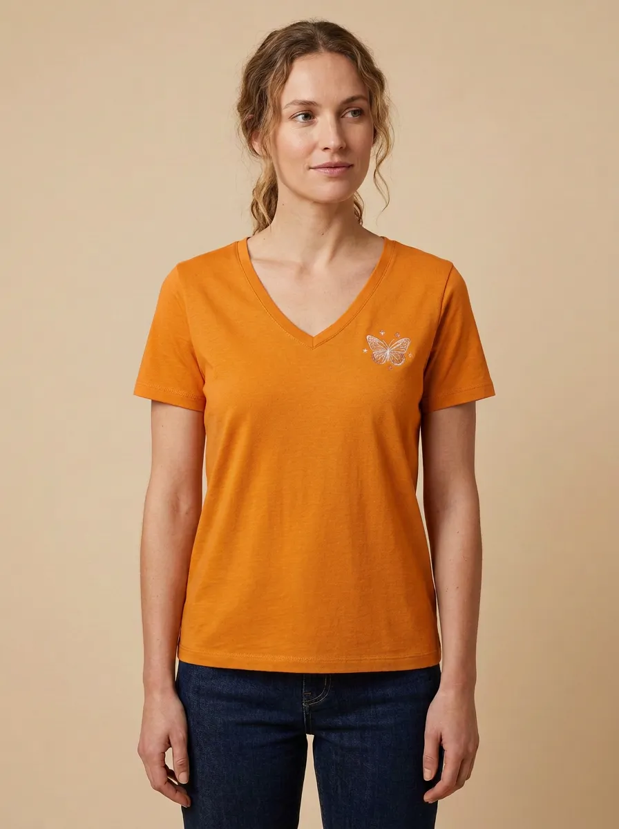 Women's Butterfly-Embroidered V-Neck T-Shirt