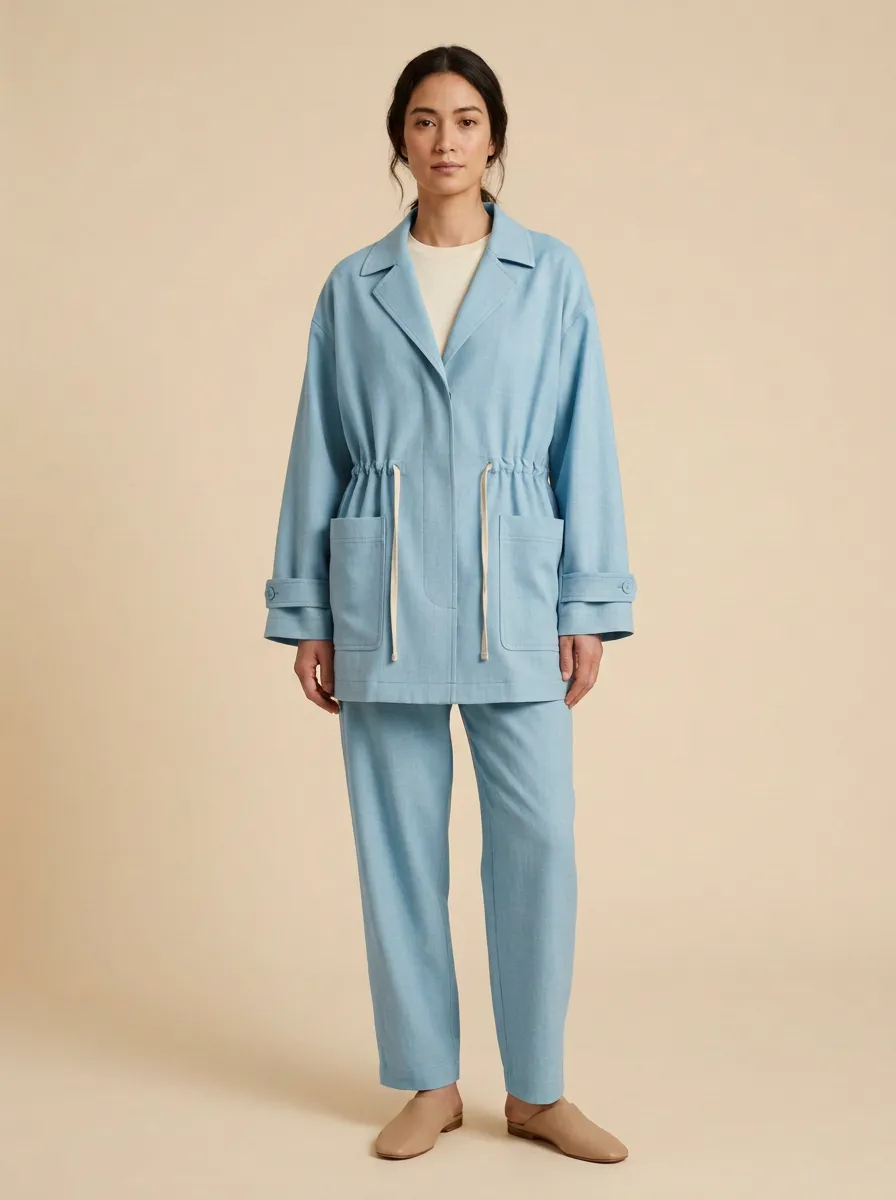 Notched Lapel Drawstring Waist Utility Jacket