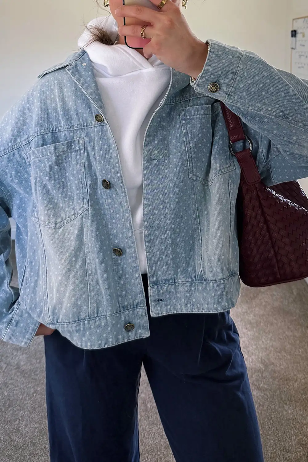 Refined Collared Denim Polka-Dot Pocketed Jacket