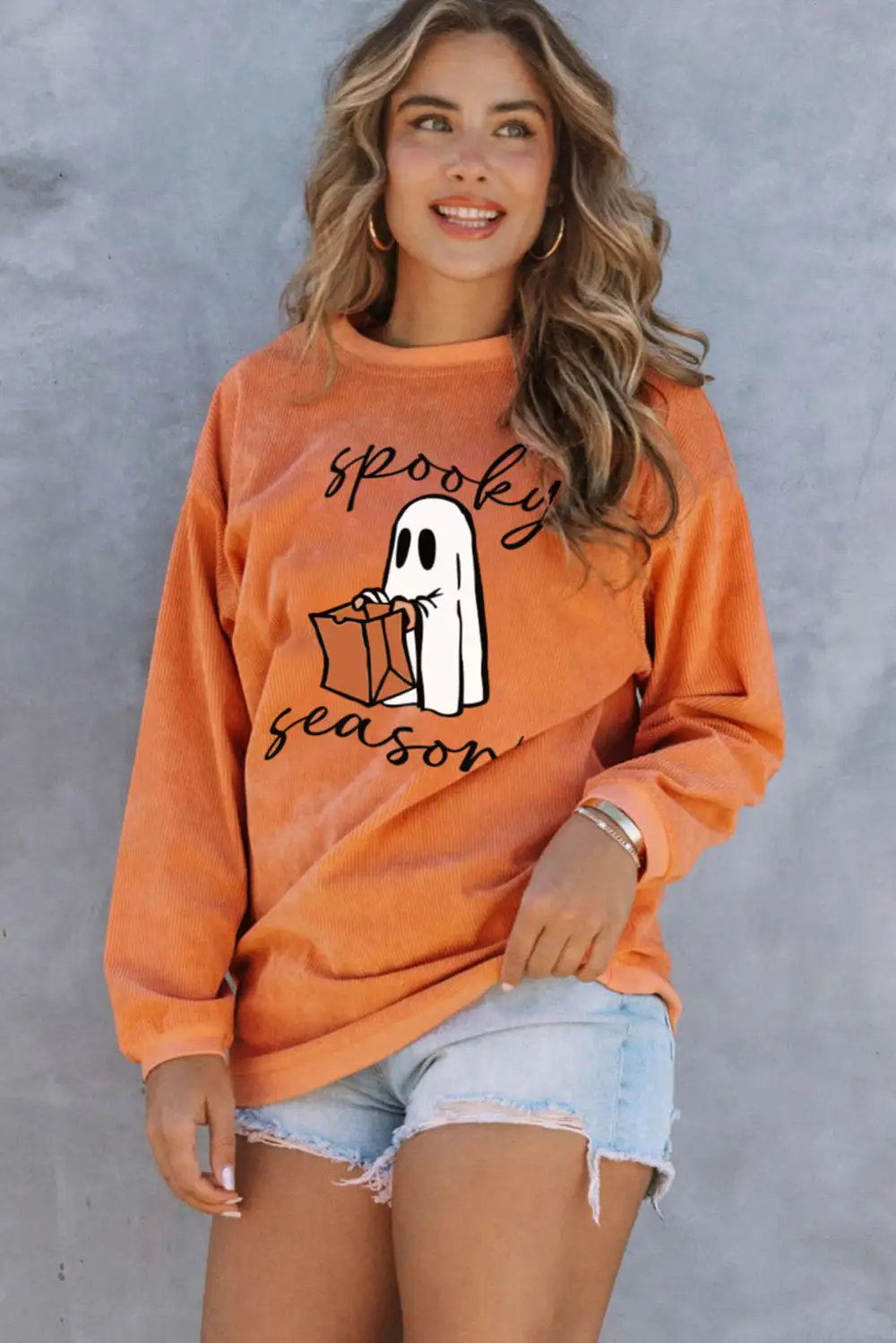 Spooky Season Ghost Print Ribbed Sweatshirt