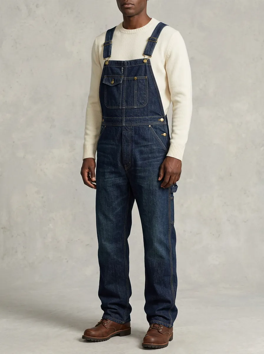 Men's Vintage Style Dark Wash Denim Bib Overalls