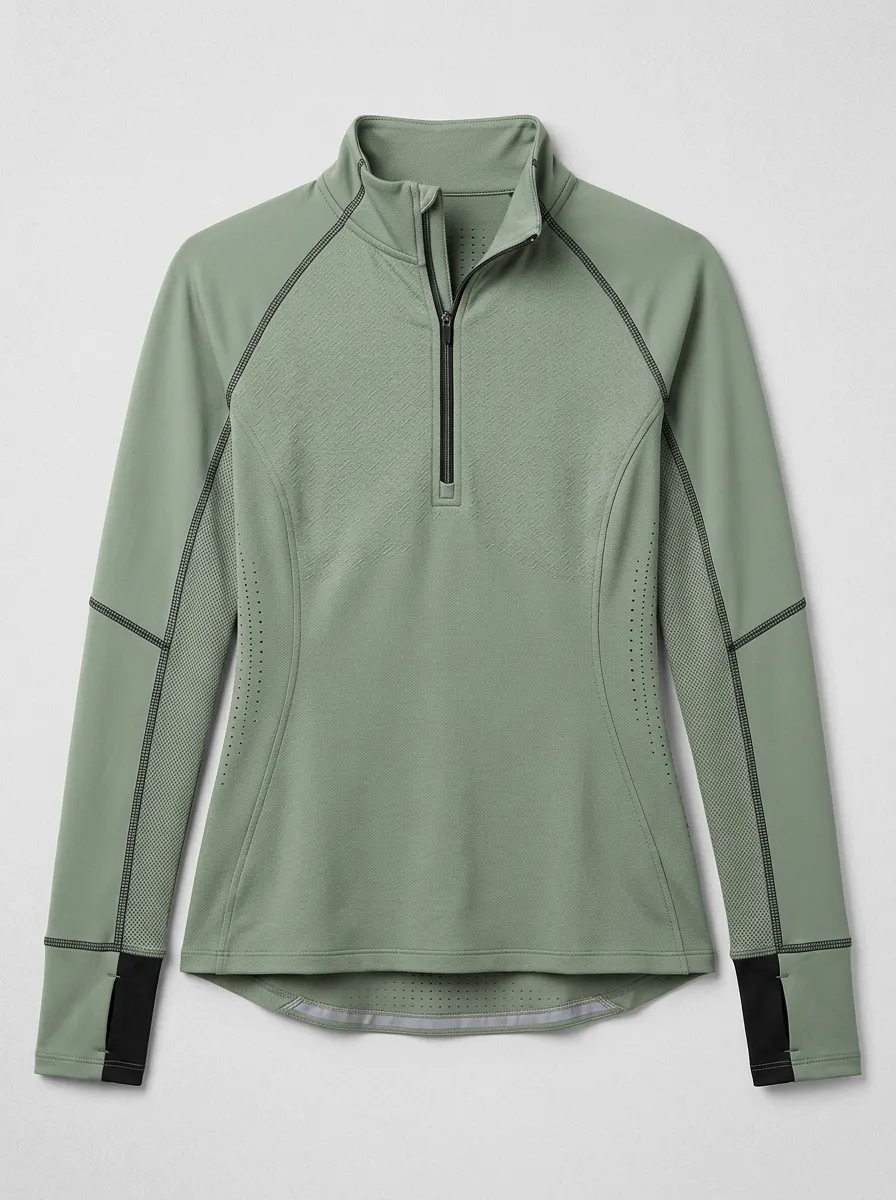 Women's Athletic Sage Green Quarter Zip Long Sleeve Sport Top