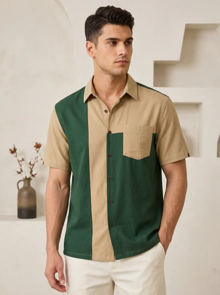 Men's Forest Green and Khaki Color-Block Short Sleeve Shirt