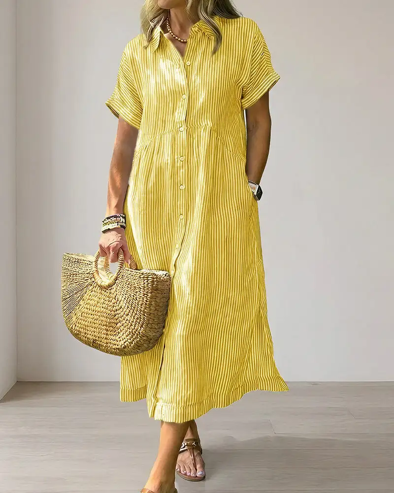 Casual Striped Short Sleeve Cotton Linen Shirt Midi Dress