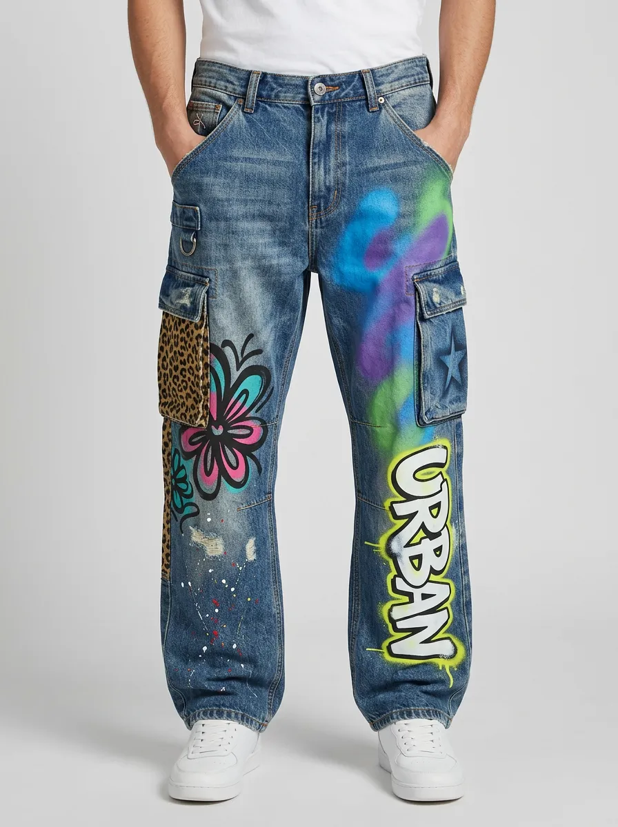 Men's Streetwear Urban Graffiti Leopard Flower Graphic Cargo Jeans
