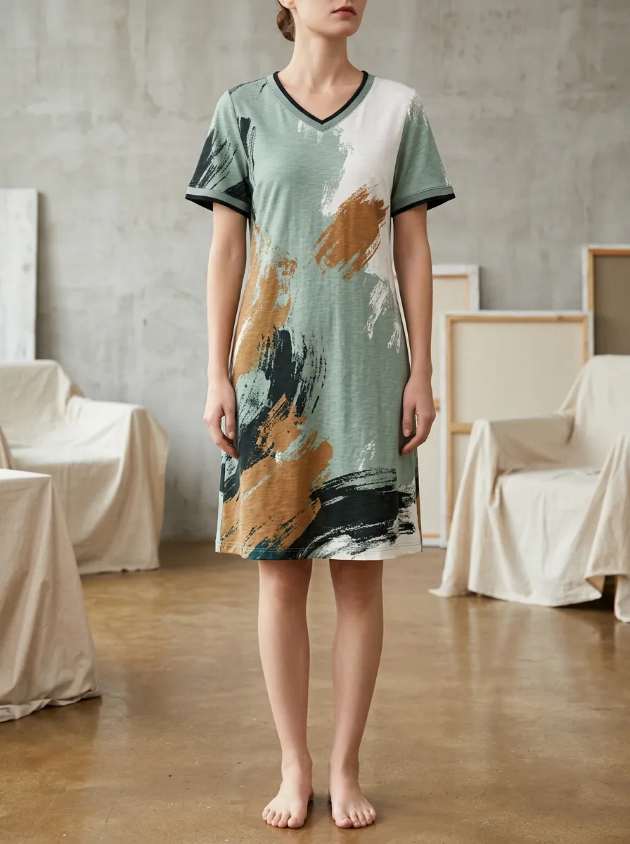 Women's Abstract Art Brushstroke Printed V-Neck Dress