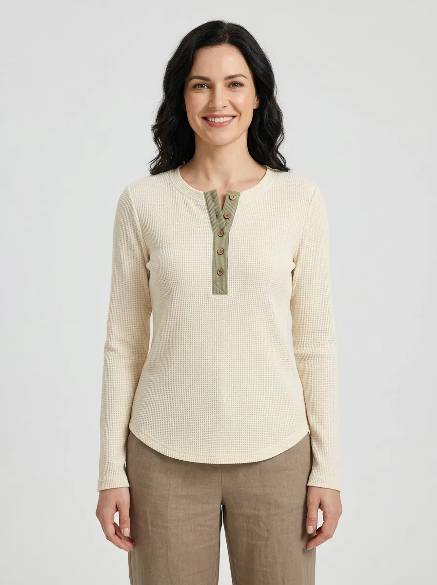 Women's Casual Minimalist Waffle Knit Button-Up Henley Shirt