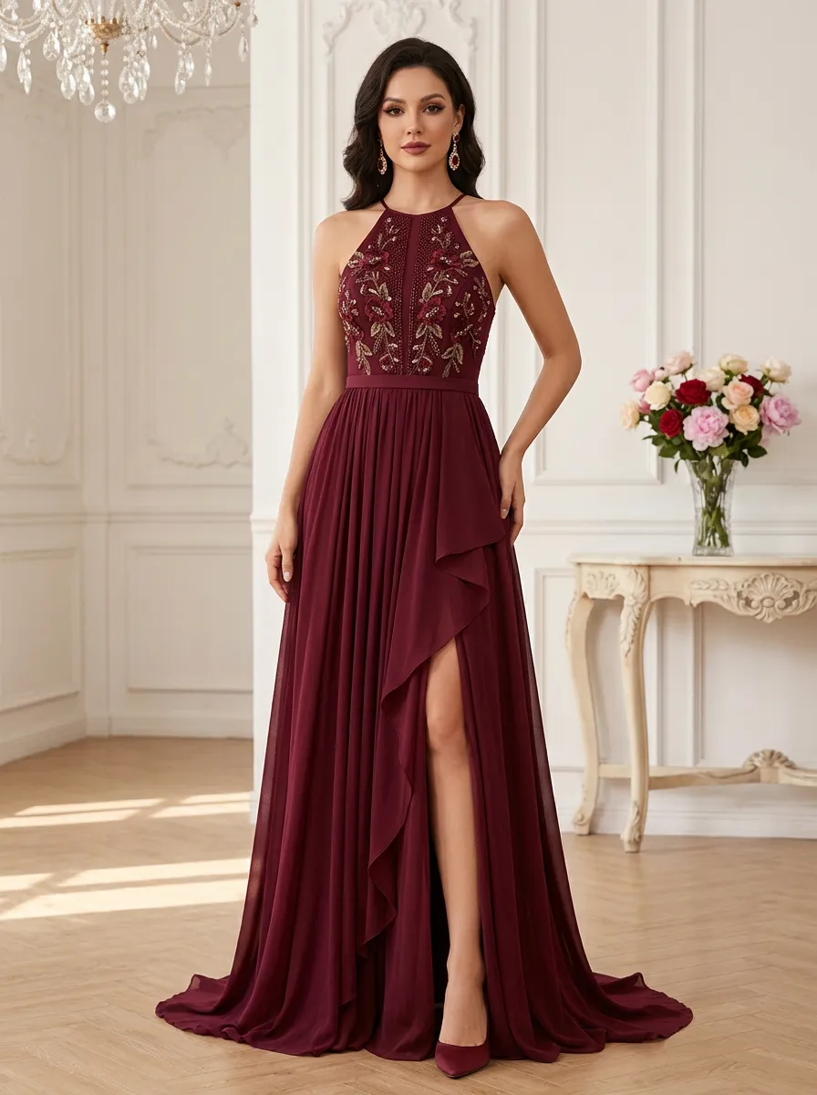 Women's Floral Embroidered Halter Split Chiffon Evening Gown