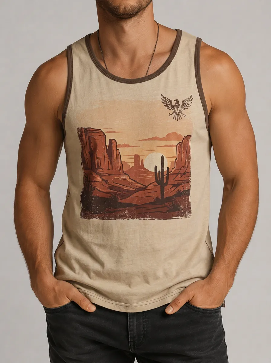 Men's Desert Landscape Eagle Cactus Printed Tank Top