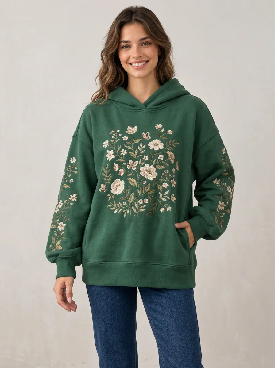Women's Leisure Botanical Floral Embroidered Graphic Nature Inspired Hoodie