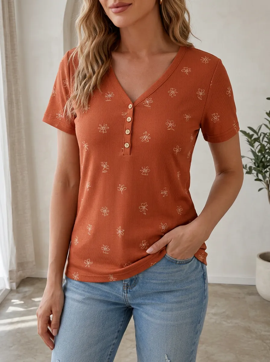 Women's Floral Print Rust Ribbed Henley Shirt
