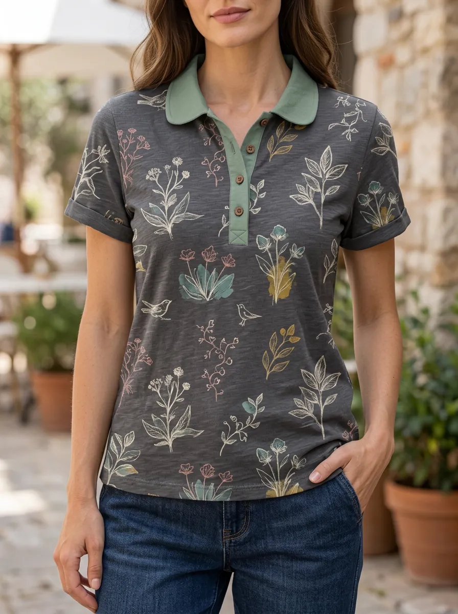 Women's Botanical Bird Nature Lover Printed Polo Shirt
