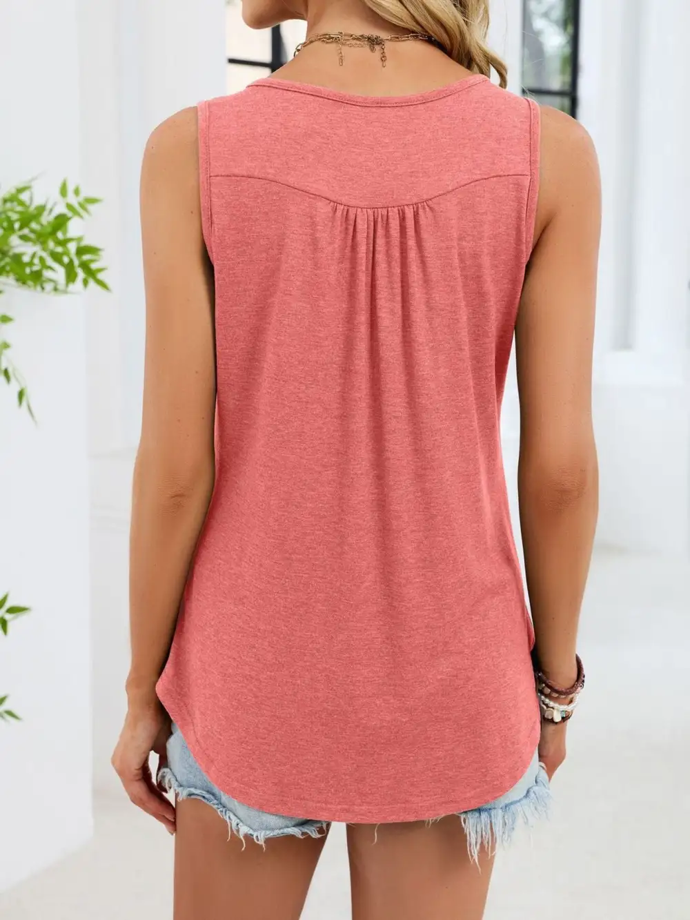 Round-Neck Buttoned Ruched Tank Top