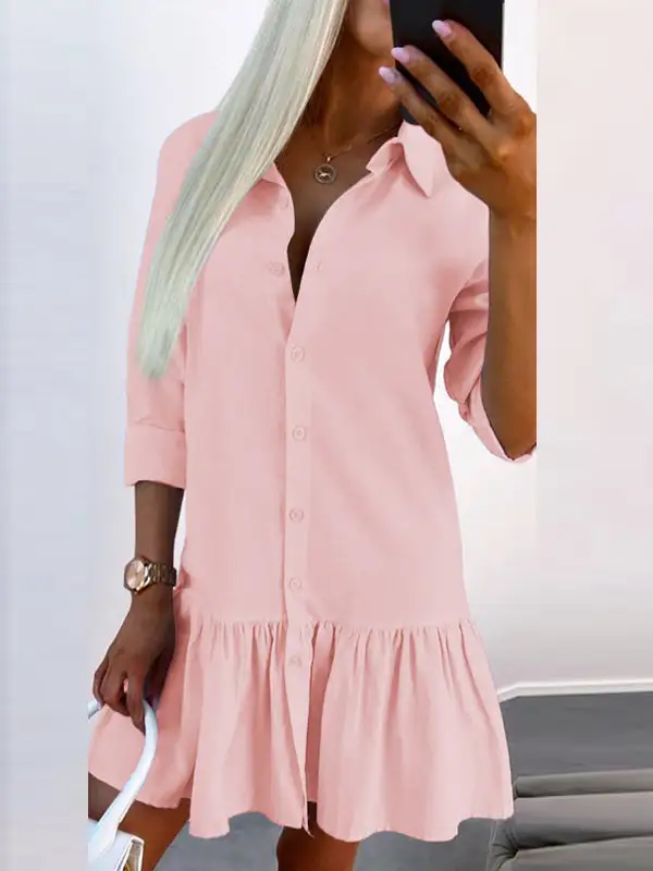 Long Sleeve Relaxed Buttoned Pleated Solid Color Split Joint Lapel Mini