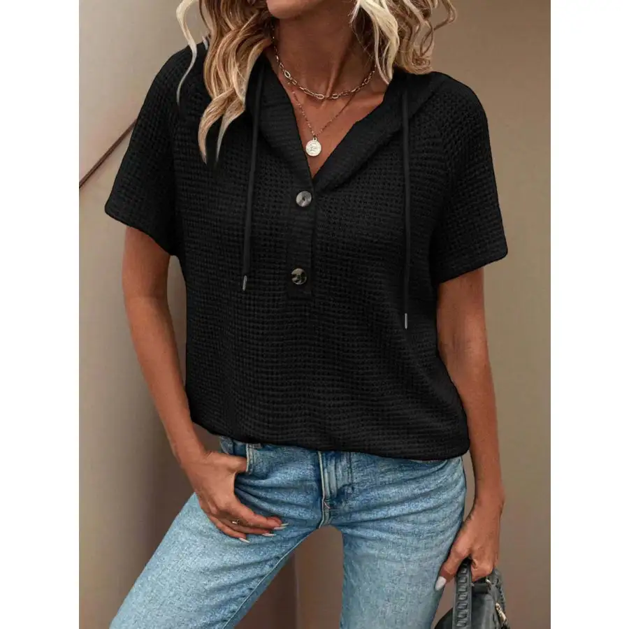 Waffle Knit Hooded Short Sleeve Blouse