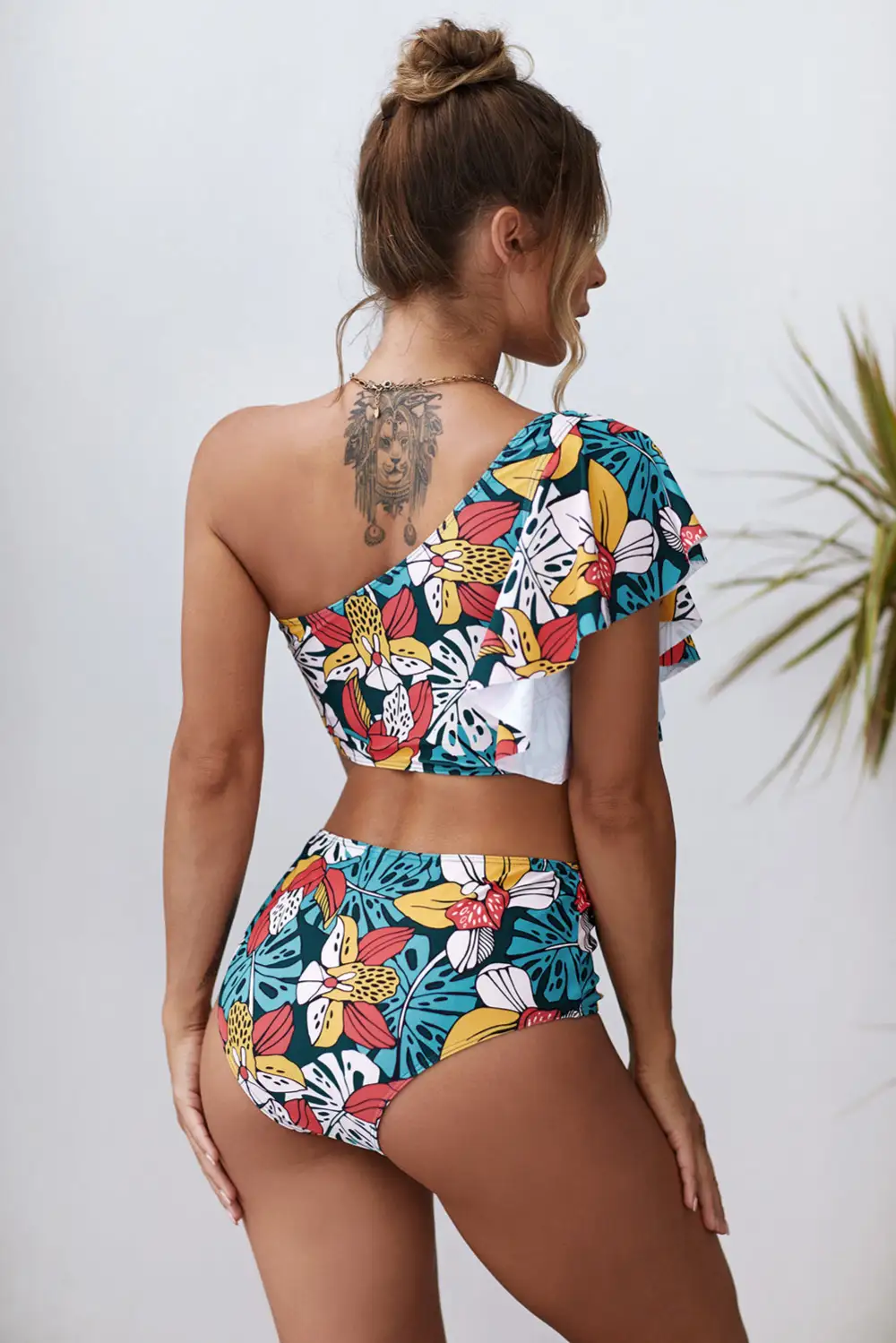 Swimwear Leaves Print Ruffled Single Shoulder High Waisted Swimsuit