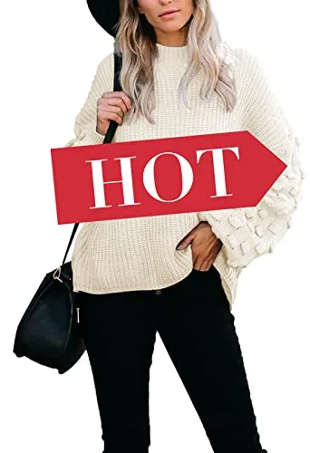 Women's Cute Oversized Crewneck Loose Puff Sleeves Chunky Knit Pullover Sweater