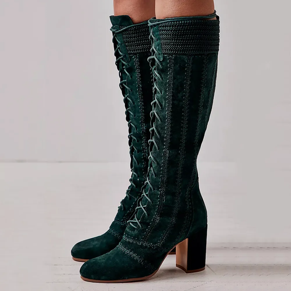 Faux-Suede Lace-Up Zip-Up Round-Toe Knee-High Boots