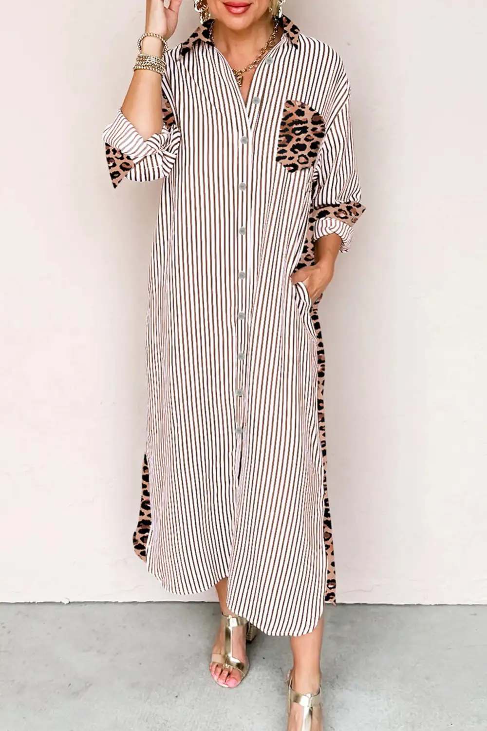 Maxi Stripe Contrast Leopard Patchwork Long Shirt Dress With
