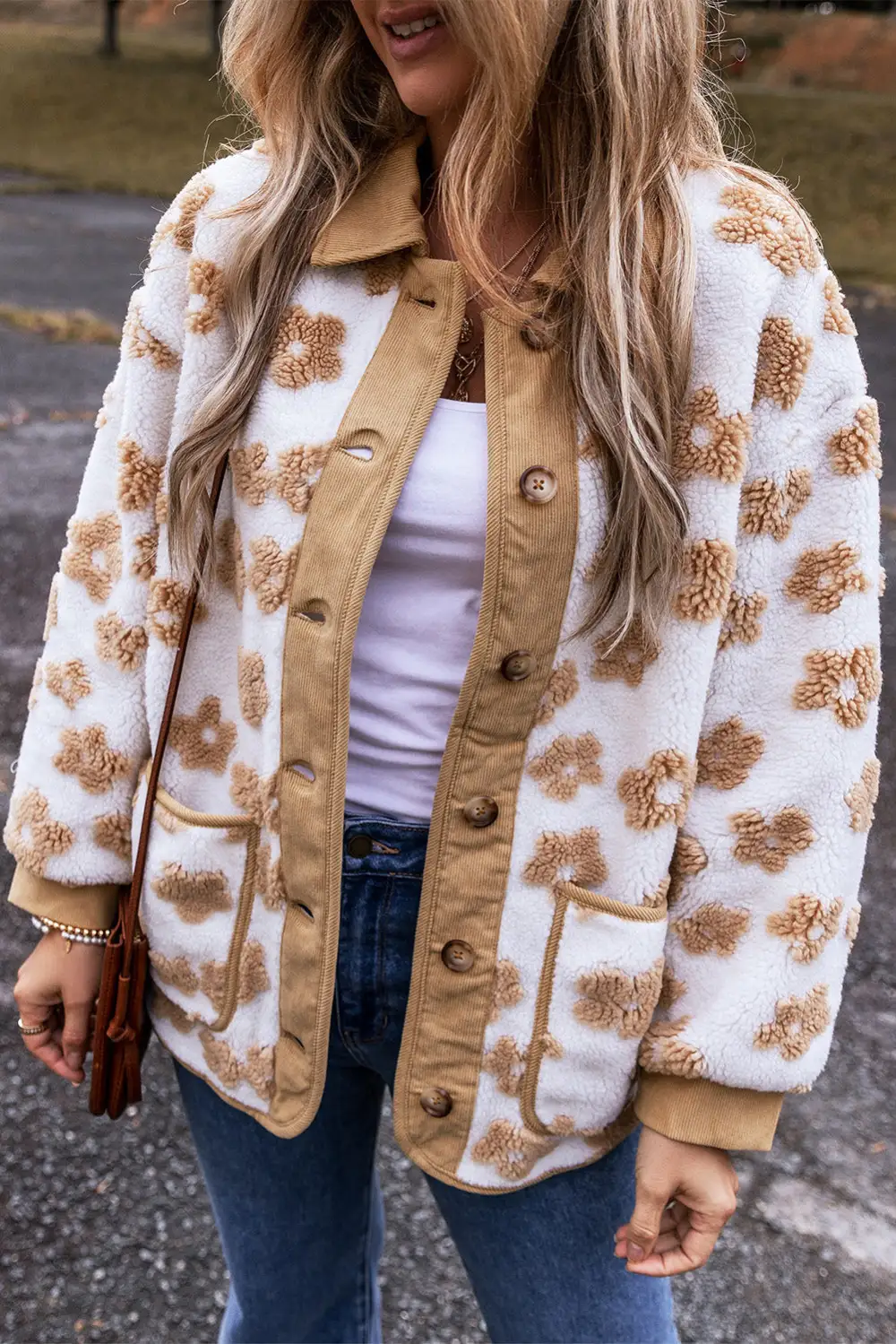 Women's Cute Flower Pattern Button Up Fleece Jacket
