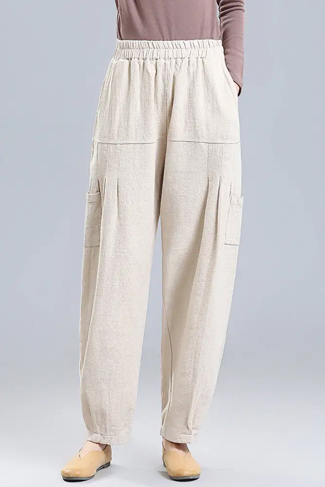 Versatile Linen Cotton Wide Leg Elastic Waist Pocketed Trousers