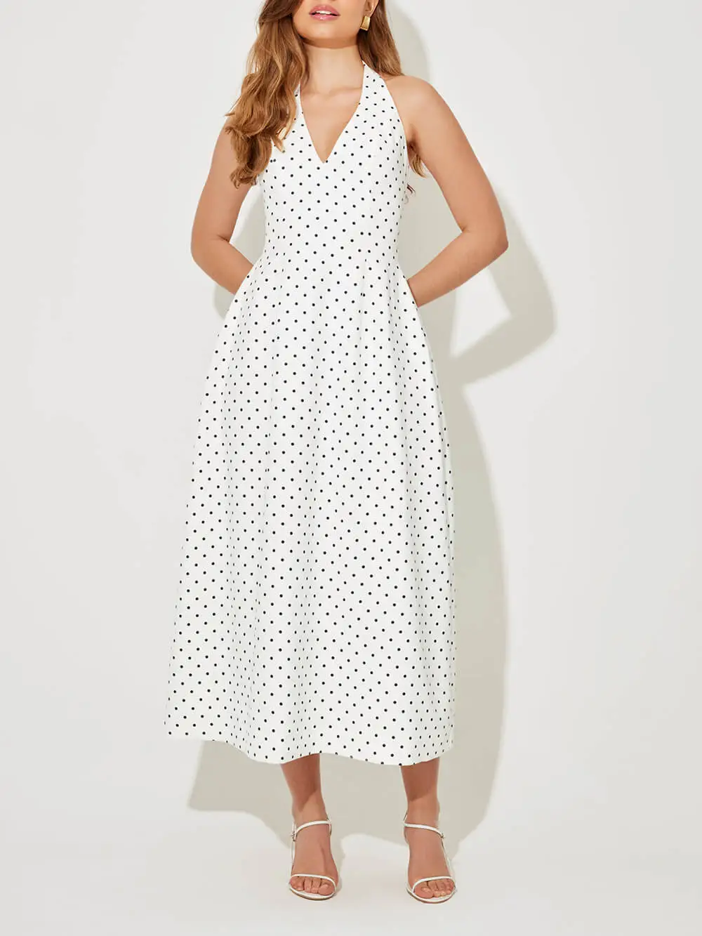 Classic Polka Dot Print Open Back Midi Dress