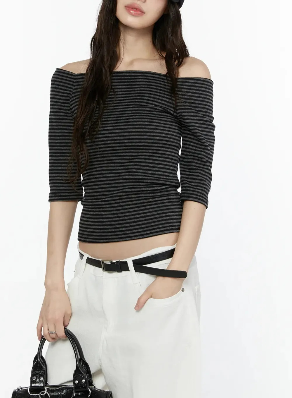Striped Off-Shoulder Three-Quarter Sleeve Top