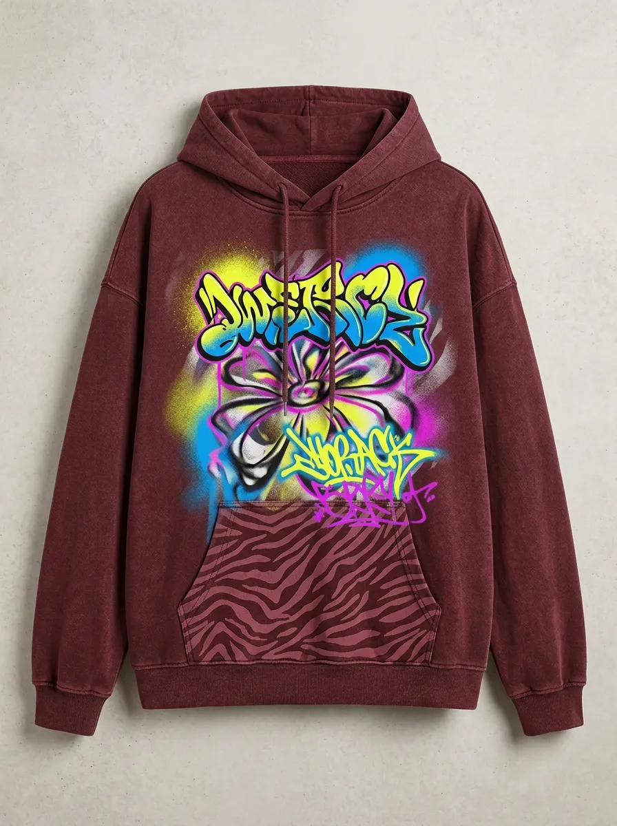 Unisex Streetwear Graffiti Flower Zebra Pocket Graphic Hoodie