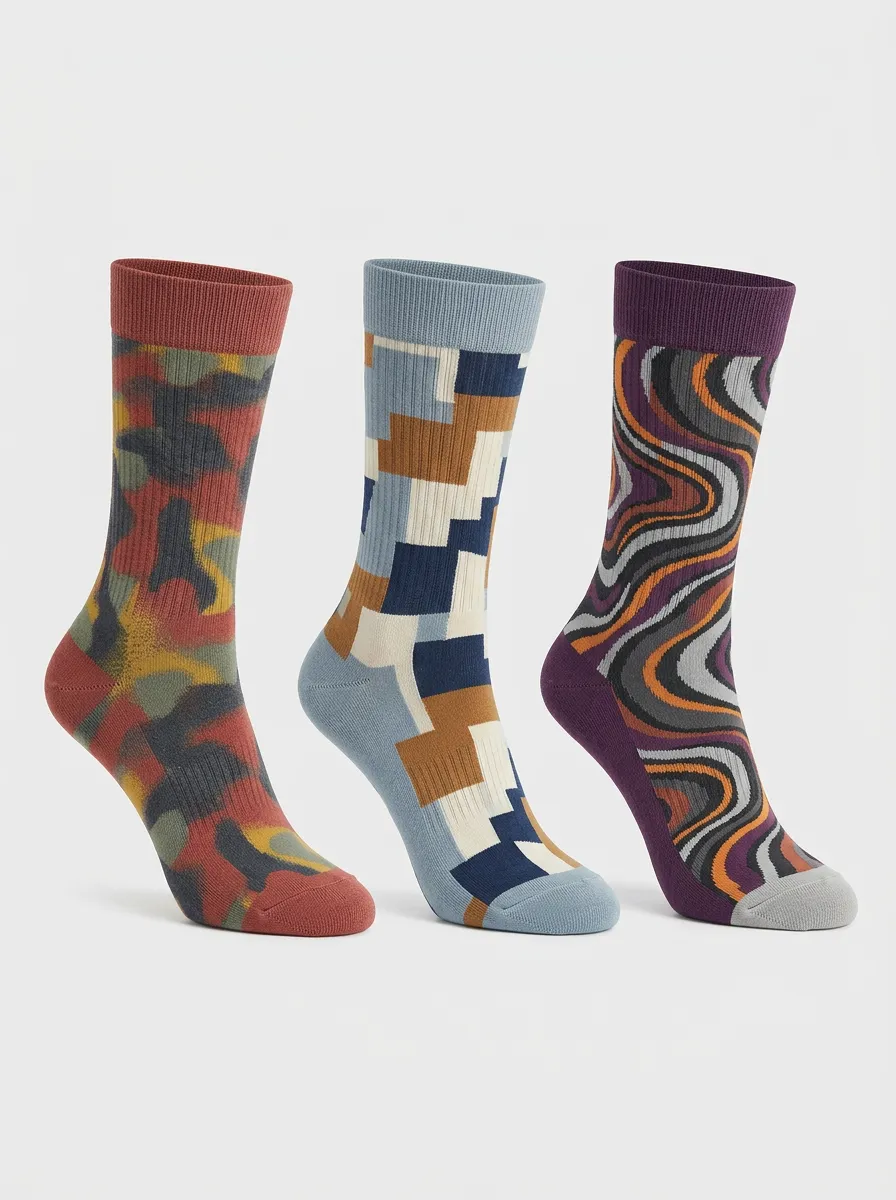 Men's Geometric Camo Abstract Printed Three-Pack Socks