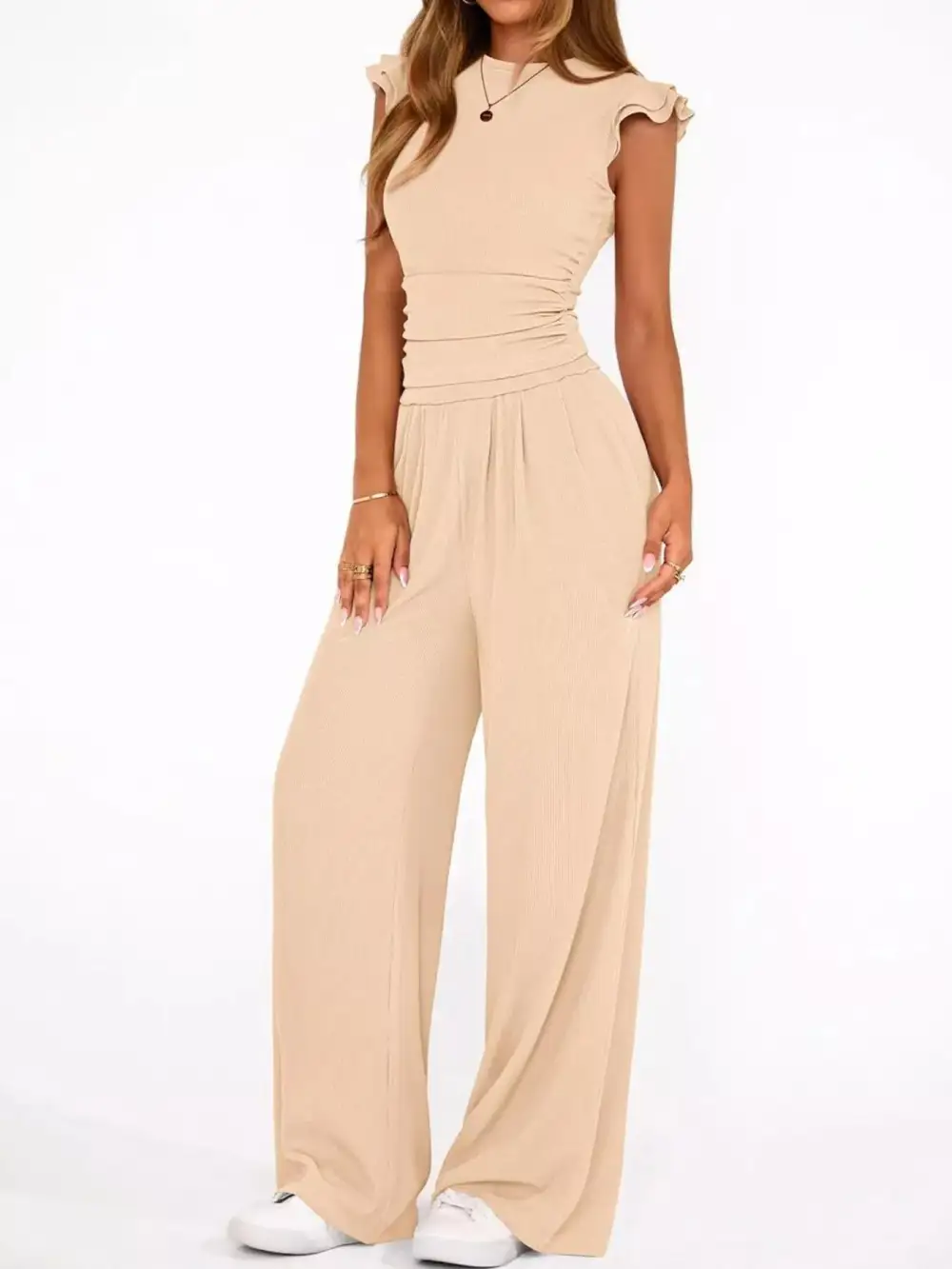 Ruffled Mock Neck Top and Wide Leg Pants Set