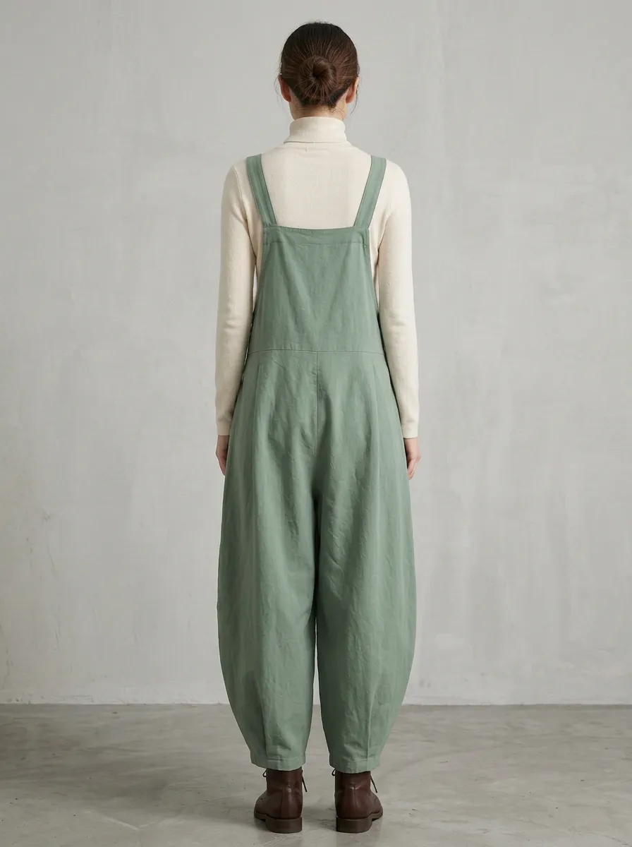 Women's Button-Strap Pleated-Waist Tapered Overall Jumpsuit