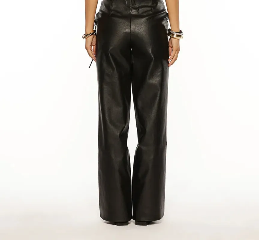 Black Faux Leather Lace-Up Straight-Leg Pants